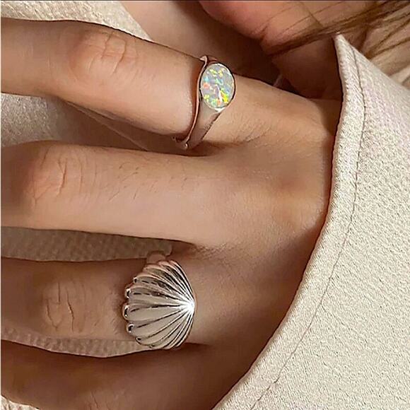 Sterling Silver Shell Opal Ring Set, Minimalist - Picture 5 of 6